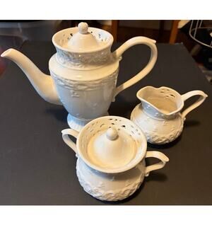 Grace's Teaware White Heirloom Tea Set Teapot, Creamer, Lidded Sugar Bowl, 3pcs.